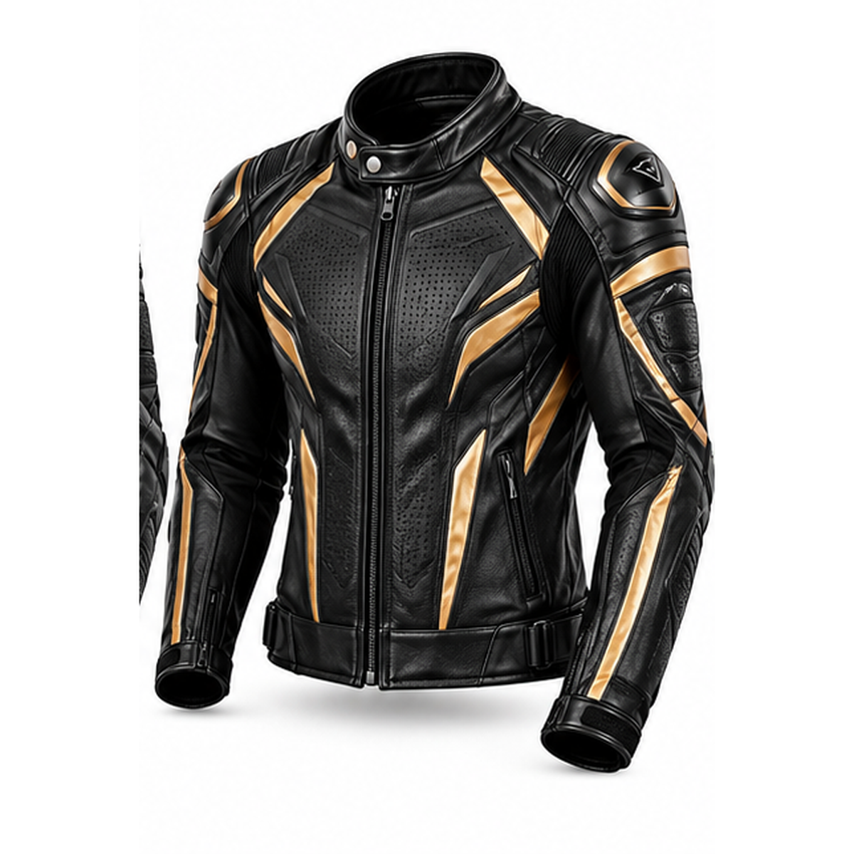 Black and gold motorcycle leather jacket