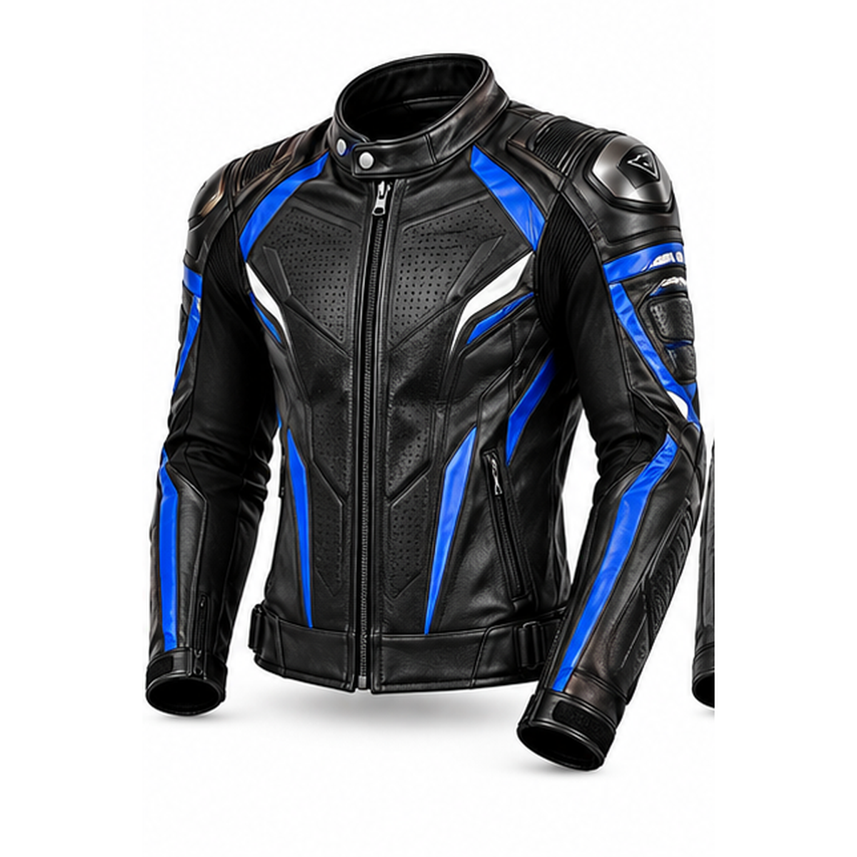 Black and blue motorcycle leather jacket