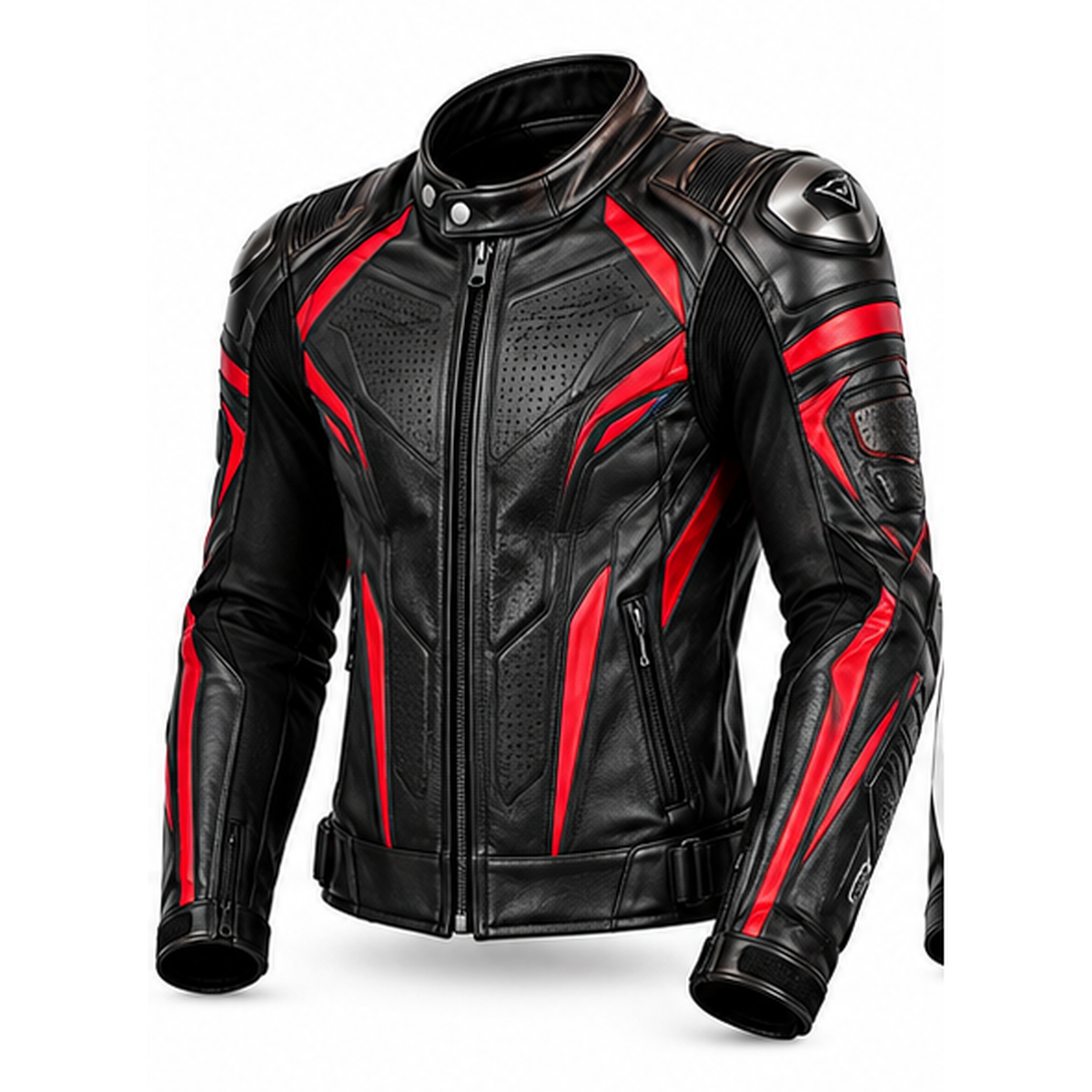 Black and red motorcycle leather jacket