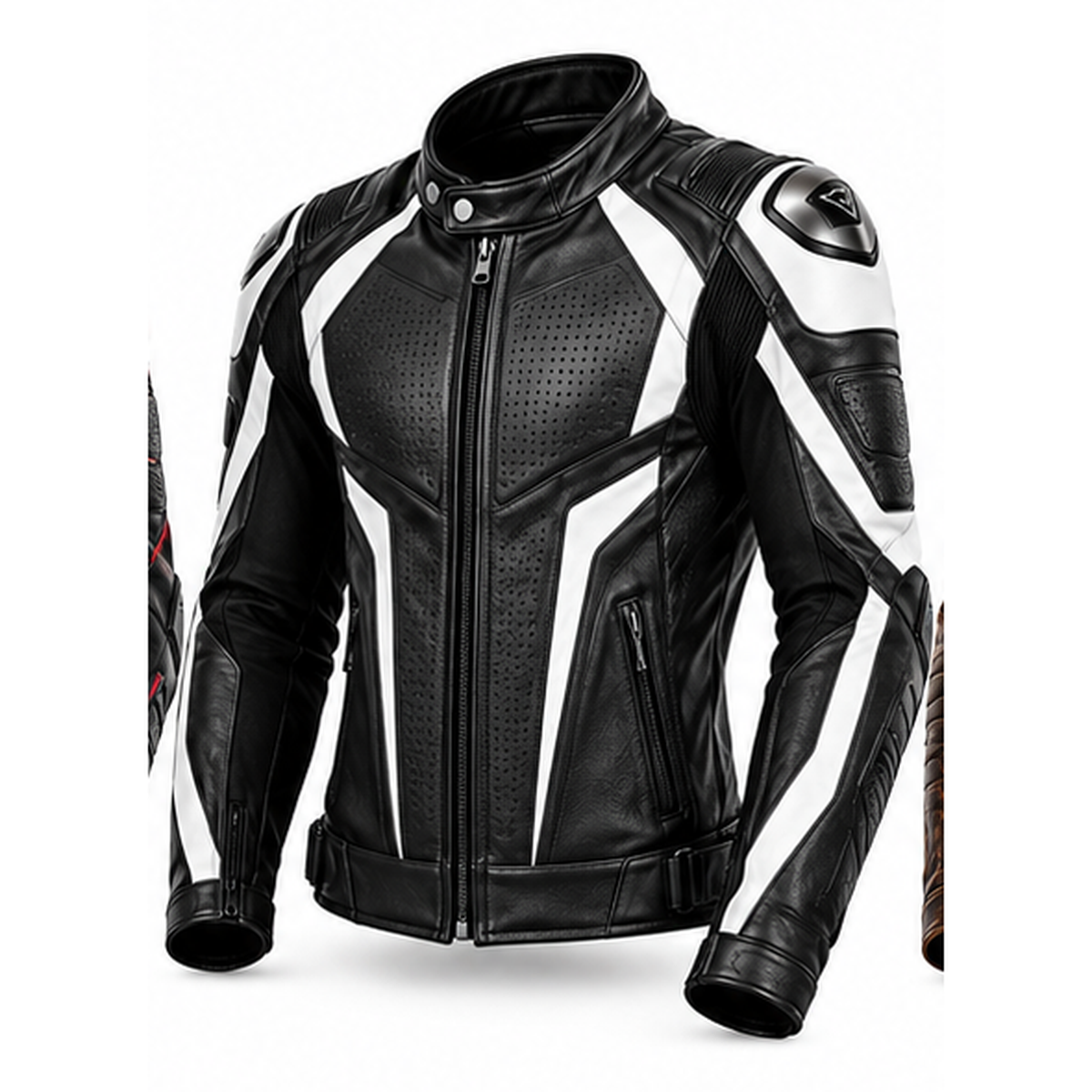 Black and white motorcycle leather jacket