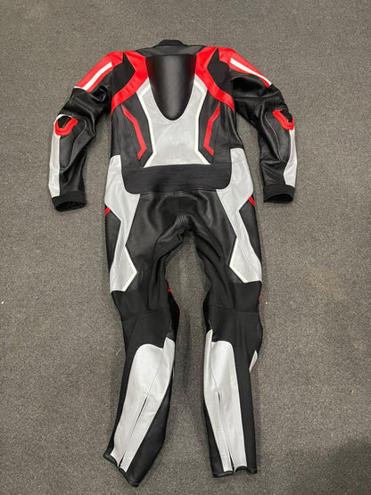 Blue black white motorcycle racing leather suit back