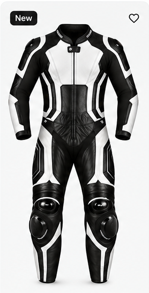 Black white motorcycle racing leather suit front