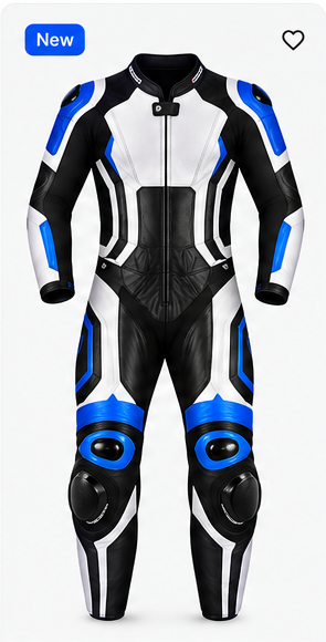 Blue black white motorcycle racing leather suit front