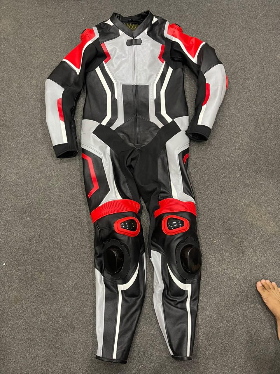 Black white and red elite motorcycle racing suit front