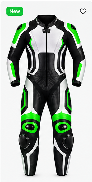 Green black white motorcycle racing leather suit front