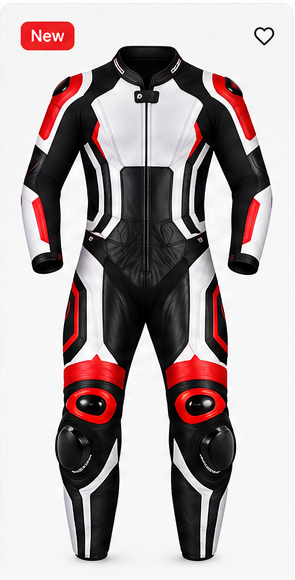 Red black white motorcycle racing leather suit front