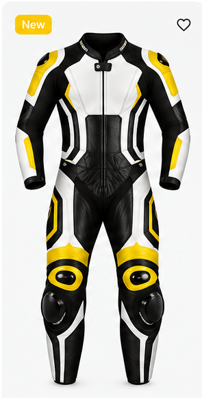 Yellow black white motorcycle racing leather suit front